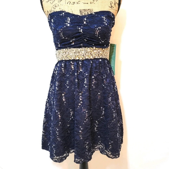MYMICHELLE Sequin Rhinestone Cocktail Dress Navy - Picture 1 of 16